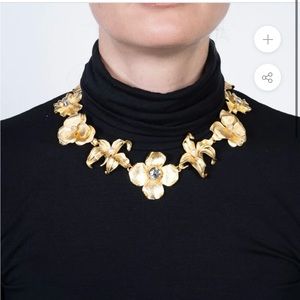 Kenneth Jay Lane Satin Gold Flower Necklace with Crystal and White Pearl Centers